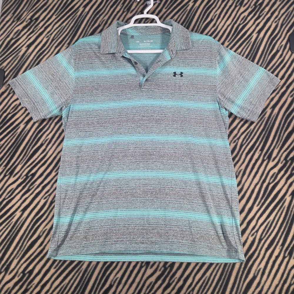 Under Armour Mens Playoff Polo Shirt XL Teal Gray Striped Short Sleeve Golf Top